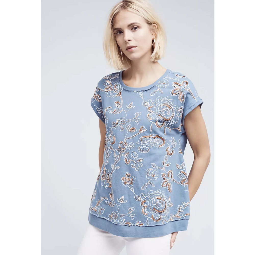 Akemi + Kin Anthropologie Hildie Blue Sequin Embroidered Sweatshirt Top Size S